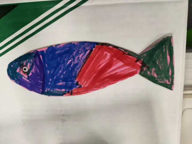 A cardboard fish coloured in blue, red, and green marker, with a googly eye
