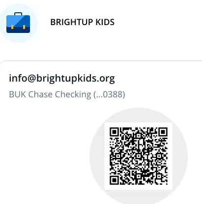 Zelle QR code for donating to BrightUp Kids at info@brightupkids.org